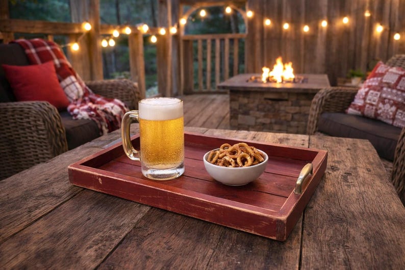 Rustic wood tray red distressed finish imagem 1
