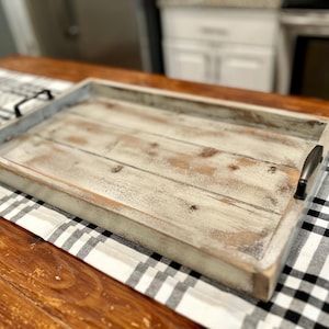 Rustic light gray wood serving tray with dark undertones and bronze handles, ottoman tray, serving tray
