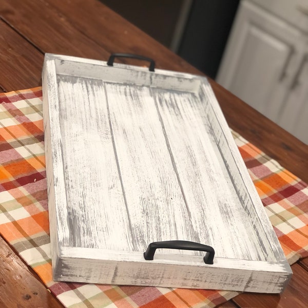 Farmhouse white with gray wood serving tray | ottoman tray | coffee table tray | Mother’s Day gift idea