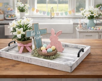Farmhouse white with gray wood serving tray