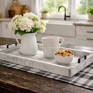 Farmhouse white with gray wood serving tray