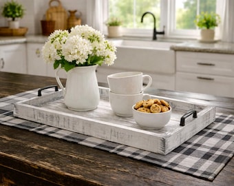 Farmhouse white with gray wood serving tray