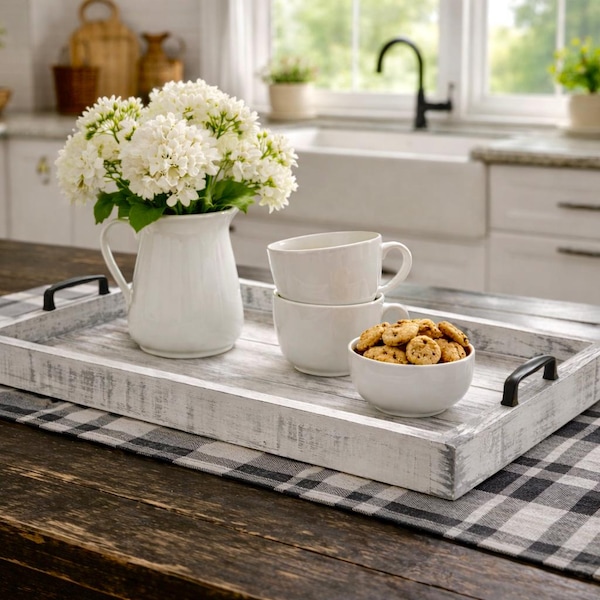 Farmhouse white with gray wood serving tray