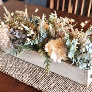 All season neutral colors centerpiece | long narrow | long narrow farmhouse centerpiece | Mother’s Day gift idea