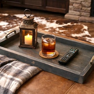 Rustic dark gray serving or ottoman tray, distressed display tray