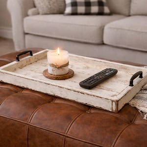Chippy white farmhouse ottoman serving tray