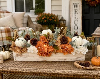 Fall Centerpiece with white pumpkins and pinecones, Autumn Table Decor, Thanksgiving Centerpiece, Mantel Decor