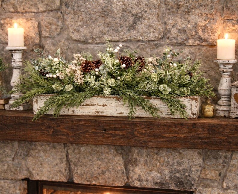 All season Rustic Pine Centerpiece: Wood Planter Box, Cabin Table Decor White planter box