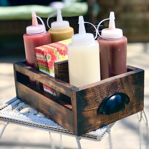 Rustic condiment and napkin caddy with 4 condiment bottles| Picnic tray | Mother’s Day gift idea