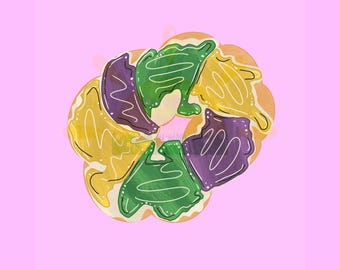 May include: Illustration of a King Cake, a traditional pastry with a ring shape. The cake is decorated with green, purple, and yellow icing, with white icing lines. The background is a solid light pink.