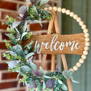 Burgundy Welcome Front Door Wreath, Neutral Modern Wood Bead Hoop Wreath, Hoop Wreath with Lambs Ear and Eucalyptus, Year Round Wreath