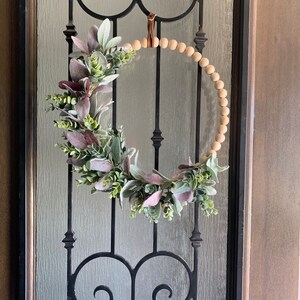 Front door decor , Lambs ear, and eucalyptus wreath. Burgundy lambs ear, Year round modern wreath.