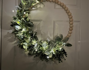 LED Lighted Lambs Ear Wreath: Modern Eucalyptus Hoop Wreath