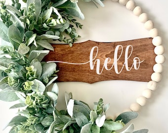 Hello Wreath: Eucalyptus & Lambs Ear, Wood Bead Sign