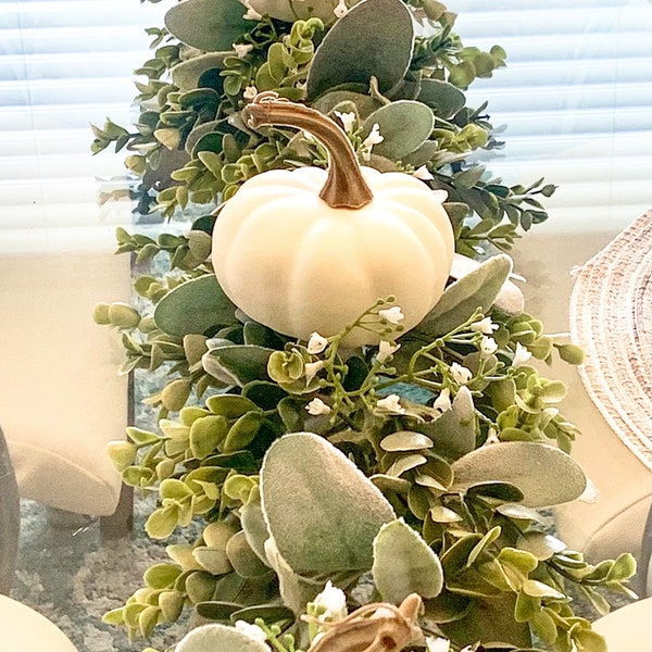 White Pumpkin Fall garland with eucalyptus for mantel decor.