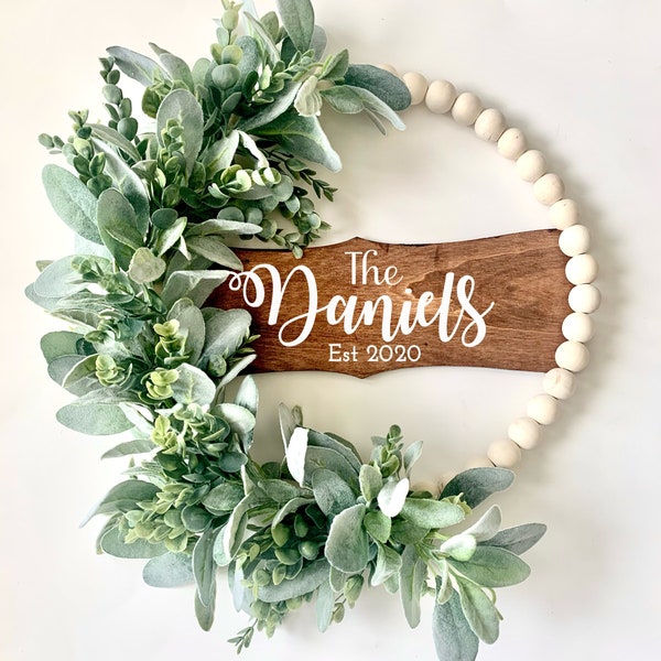 Last name sign , wooden name sign , everyday eucalyptus wreath ,with lambs ear and wood signs wreath .