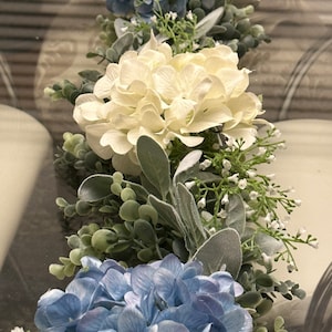 Hydrangea garland for mantle, Eucalyptus and lambs ear garland. Table decor , table centerpiece.