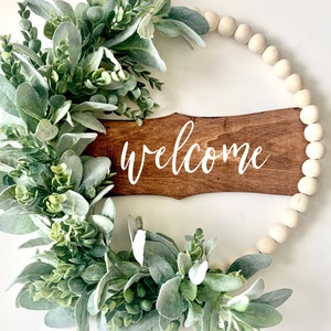 Welcome Front Door Wreath, Neutral Modern Wood Bead Hoop Wreath, Hoop Wreath with Lambs Ear and Eucalyptus, Year Round Wreath