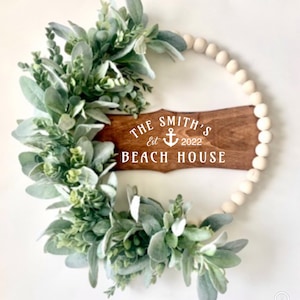 Beach wreath , Beach House Sign, established sign. Eucalyptus and Lambs ear/ Front Door decor wood beaded hoop wreath.