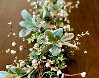 Eucalyptus garland Lambs ear and white berries greenery garland for mantle decor. Farmhouse decor Boho garland Year round table cover.