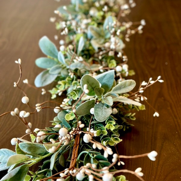 Eucalyptus garland Lambs ear and white berries greenery garland for mantle decor. Farmhouse decor Boho garland Year round table cover.