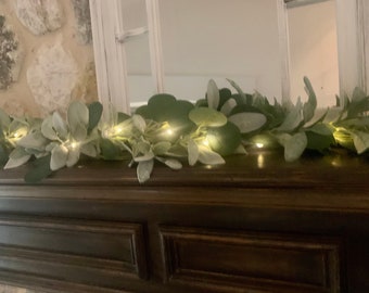 Greenery Garland with lights. Eucalyptus and lambs ear Garland for mantel decor.