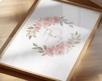 Personalised Name Print|Floral Name|Baby Girl Floral wreath|Birthday Gift|New Baby| Wall Decor|Nursery Print|Wreath|Girls Room