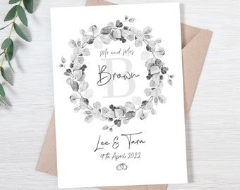 Wedding Wreath Print|Personalised Wedding|New Couple Gift|Custom Wedding Present|Mr and Mrs|Eucalyptus|Paper Wedding Gift|Civil Ceremony