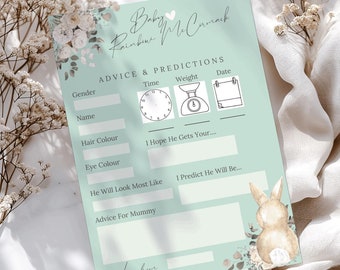 Baby Shower Prediction Advice Cards|Baby Shower Games|New Baby|Some Bunny Loves You|Personalised|Floral Bunny Mint|Gender Neutral