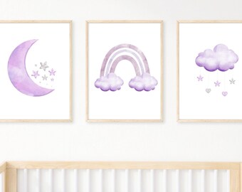 Set of 3 Lilac Nursery Prints|Purple Rainbow Prints|Baby Girl|Nursery Prints|Rainbow|Print Set|Stars|Moon|Nursery|Bedroom