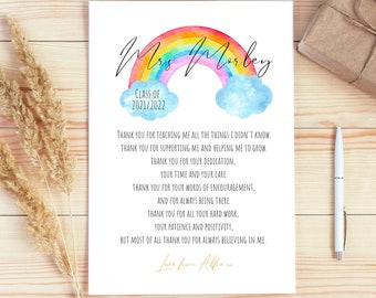 Personalised Teacher| Thank you teacher print|Thank you Rainbow|End of Year Gift|Rainbow Gift|Teacher Print|Personalised Teachers Poem|Class