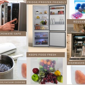 K&ouml;nnte beinhalten: Eine Collage von Bildern, die die Eigenschaften von wiederverwendbaren Silikon-Lebensmittelbeh&auml;ltern zeigt. Die Bilder zeigen die Beutel in einer Mikrowelle, einem K&uuml;hlschrank, einer Sp&uuml;lmaschine und einem Topf mit Wasser zum Sous-Vide-Garen. Der Text "FRIDGE/FREEZER FRIENDLY", "REUSABLE", "KEEPS FOOD FRESH", "MICROWAVE-SAFE", "DISHWASHER SAFE" und "SOUS-VIDE/VACUUM COOKING" ist im Bild enthalten.