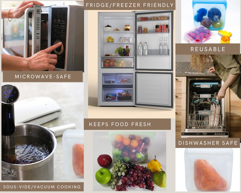 K&ouml;nnte beinhalten: Eine Collage von Bildern, die die Eigenschaften von wiederverwendbaren Silikon-Lebensmittelbeh&auml;ltern zeigt. Die Bilder zeigen die Beutel in einer Mikrowelle, einem K&uuml;hlschrank, einer Sp&uuml;lmaschine und einem Topf mit Wasser zum Sous-Vide-Garen. Der Text "FRIDGE/FREEZER FRIENDLY", "REUSABLE", "KEEPS FOOD FRESH", "MICROWAVE-SAFE", "DISHWASHER SAFE" und "SOUS-VIDE/VACUUM COOKING" ist im Bild enthalten.