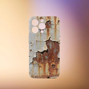 May include: A phone case with a weathered, distressed appearance. The case features a design that mimics the look of aged, peeling paint over rusty metal. The color palette includes shades of gray, brown, and orange.