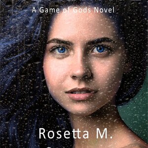 May include: Book cover for "Tidalwave: A Game of Gods Novel" featuring a woman with blue eyes and dark hair. The title is in large, silver letters. The author's name, Rosetta M. Overman, is below the title. The background has a rain effect.