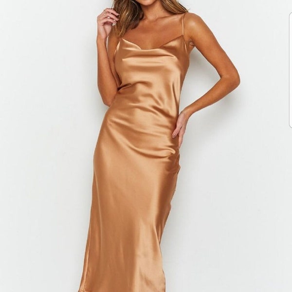 Gold Dress | Silk Satin Midi Dress | Strappy Backless Low-cut Collar Split Dress |  Date Night Dress | Sheath Dress | Lined Dress