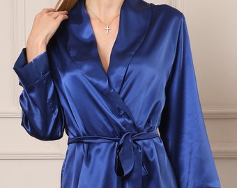 Navy Blue Satin Bridal Robe: Silky Wedding Kimono
