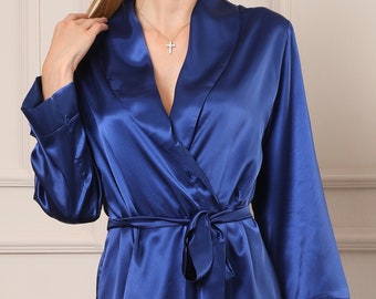 Navy Blue Bridal Robe / Satin Bride Dressing Gown / Silky Kimono For Wedding Day / Luxury Honeymoon