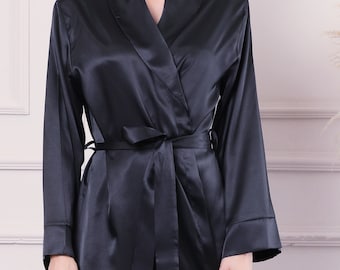 Black Bridal Robe / Satin Bride Dressing Gown / Silky Kimono For Wedding Day / Luxury Honeymoon