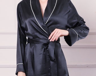 Veste nupcial preta/vestido de molho da noiva do cetim/quimono de seda para o dia do casamento/lua de mel luxuosa