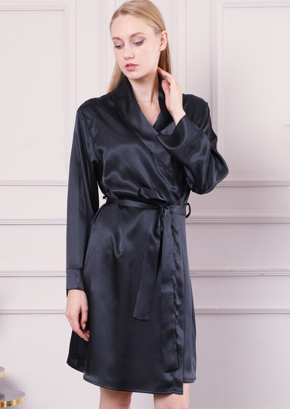 Vestaglia da sposa nera Vestaglia da sposa in raso Kimono di - Main Image