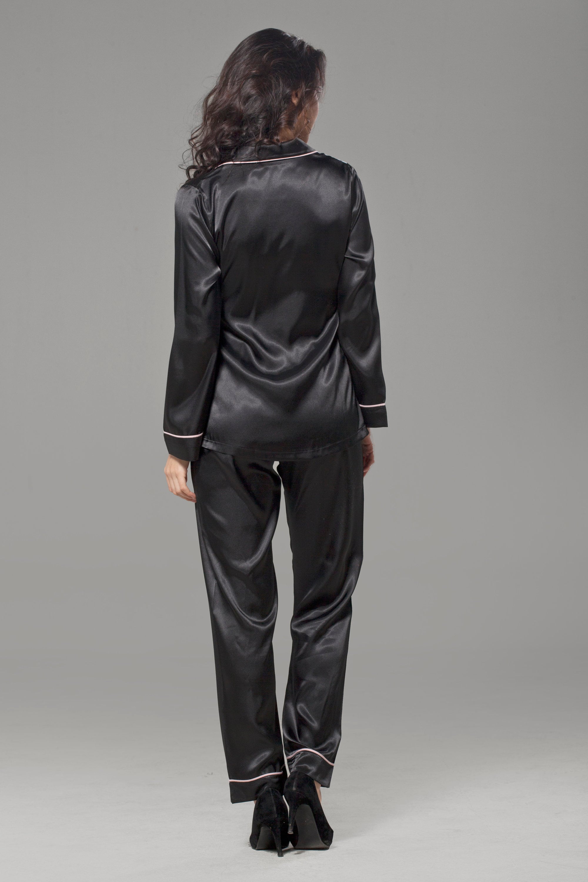 Black satin long sleeve pyjamas hotsell