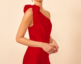 Satin One Shoulder Mini Dress: Elegant Bow Wedding Guest Dress