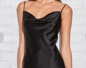 Silk Satin Black Mini Dress: Strappy Backless Lined Sheath