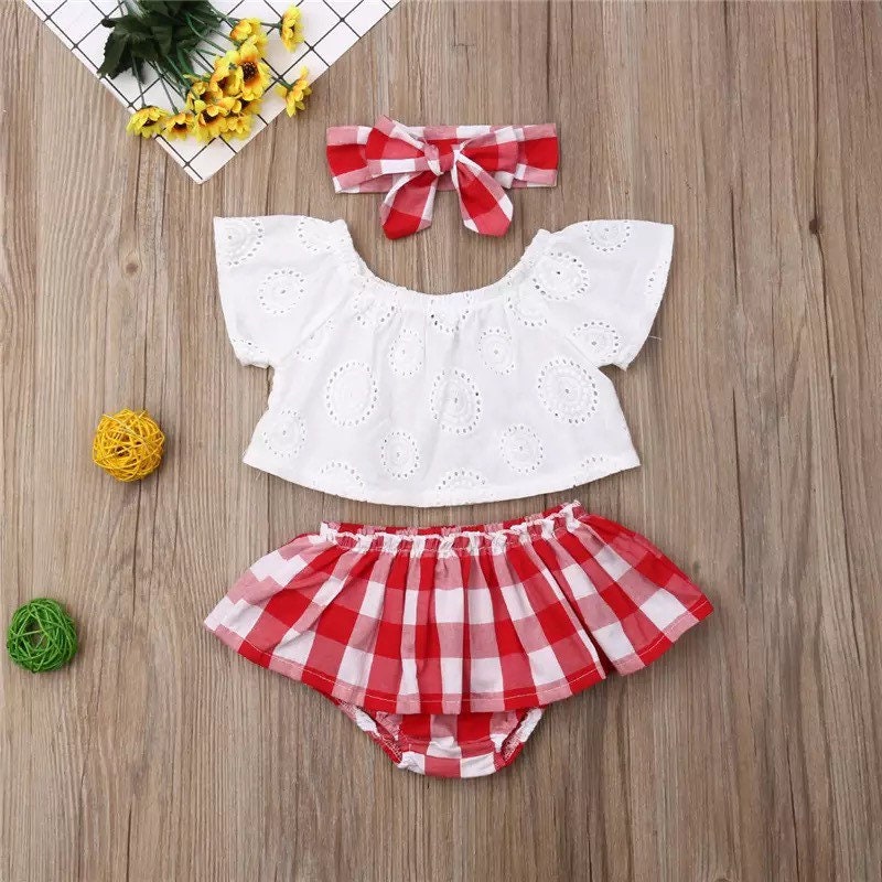 Red & White Plaid Checkered Baby Outfit 3 Piece Set for Summer - Etsy