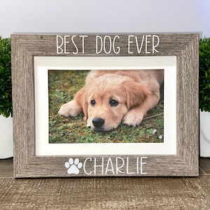 May include: A rectangular gray wood-grain picture frame with a white mat. The top of the frame features the white text "BEST DOG EVER" and the bottom features a white paw print icon followed by the white text "CHARLIE". A photo of a golden puppy.
