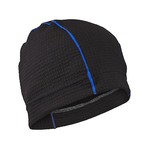 May include: Black beanie with a textured surface and blue stitching along the top and side seams. The hat is a solid color and appears to be made of a stretchy material.