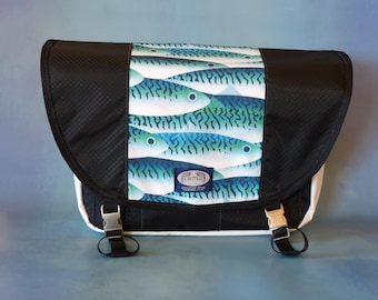 Fish Print Upcycled Truck Tarp Messenger Bag