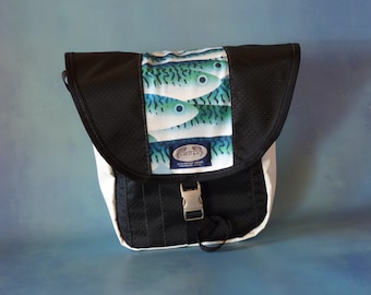 Fish Print Upcycled Truck Tarp Messenger Bag