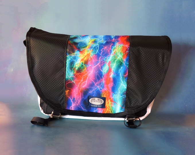 Cosmic Lightening Print Upcycled Truck Tarp Messenger Bag